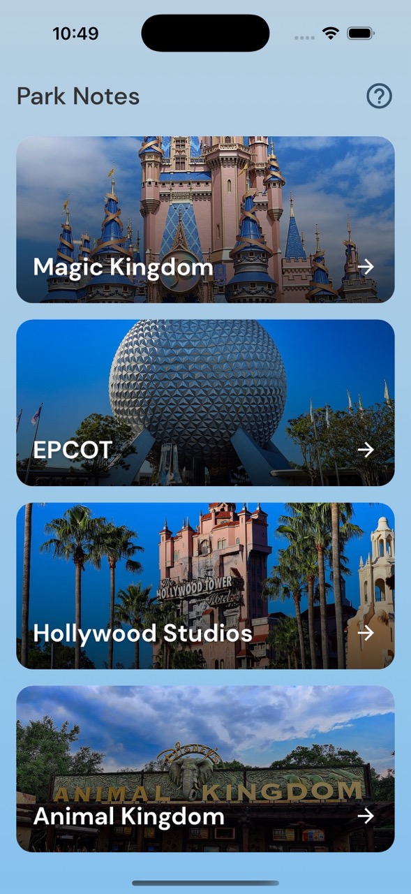 Park Notes home screen showing all four Disney World parks with beautiful photos